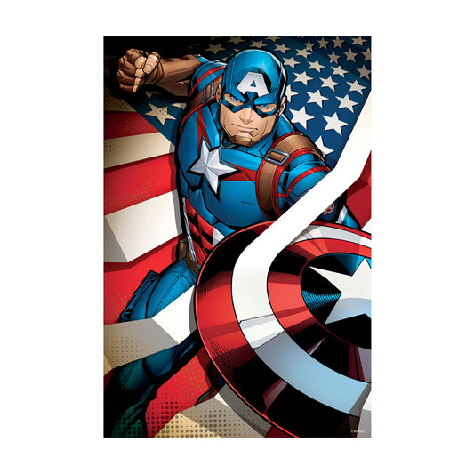 Captain America in blue suit with shield, fist raised, against American flag background with stars and stripes