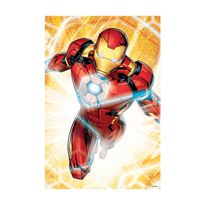 Iron Man in red and gold armor flying with glowing energy effects on yellow background, 3D lenticular puzzle artwork