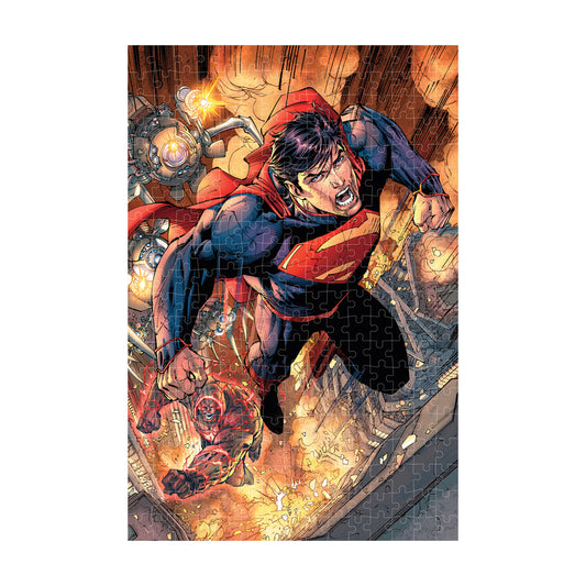 Superman in red cape and blue suit flying through fire and explosions with glowing sci-fi tech elements, 3D lenticular puzzle artwork