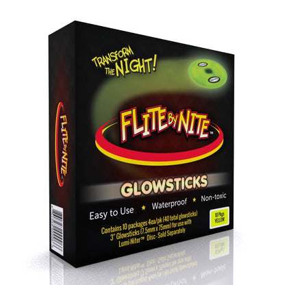 Flite by Nite Glowsticks packaging box in black with yellow and red logo, showing glow-in-the-dark disc and glowsticks, labeled Easy to Use, Waterproof, Non-tox