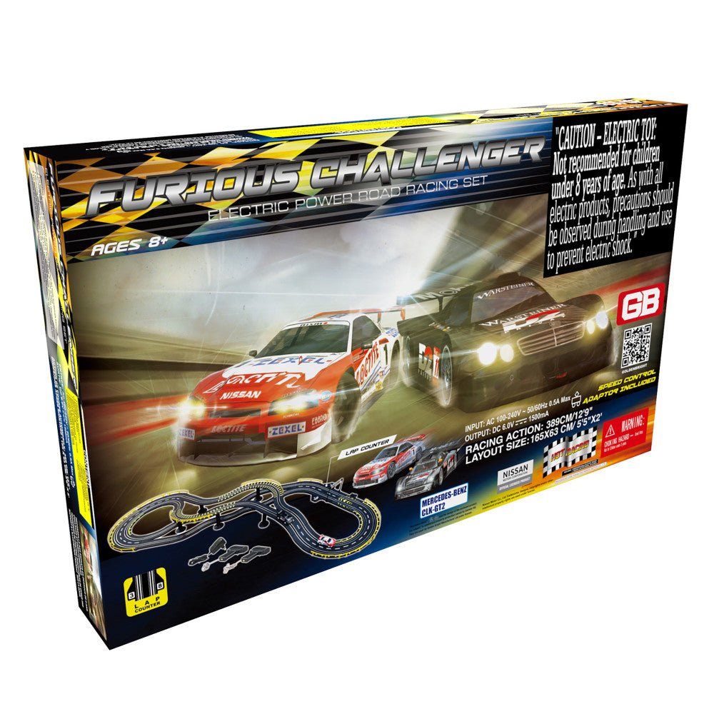 Furious Challenger electric power road racing set box showing two racing cars on track with dual-lane slot car track layout and handheld controllers included
