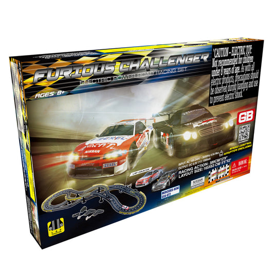 Furious Challenger electric power road racing set box showing two racing cars on track with dual-lane slot car track layout and handheld controllers included