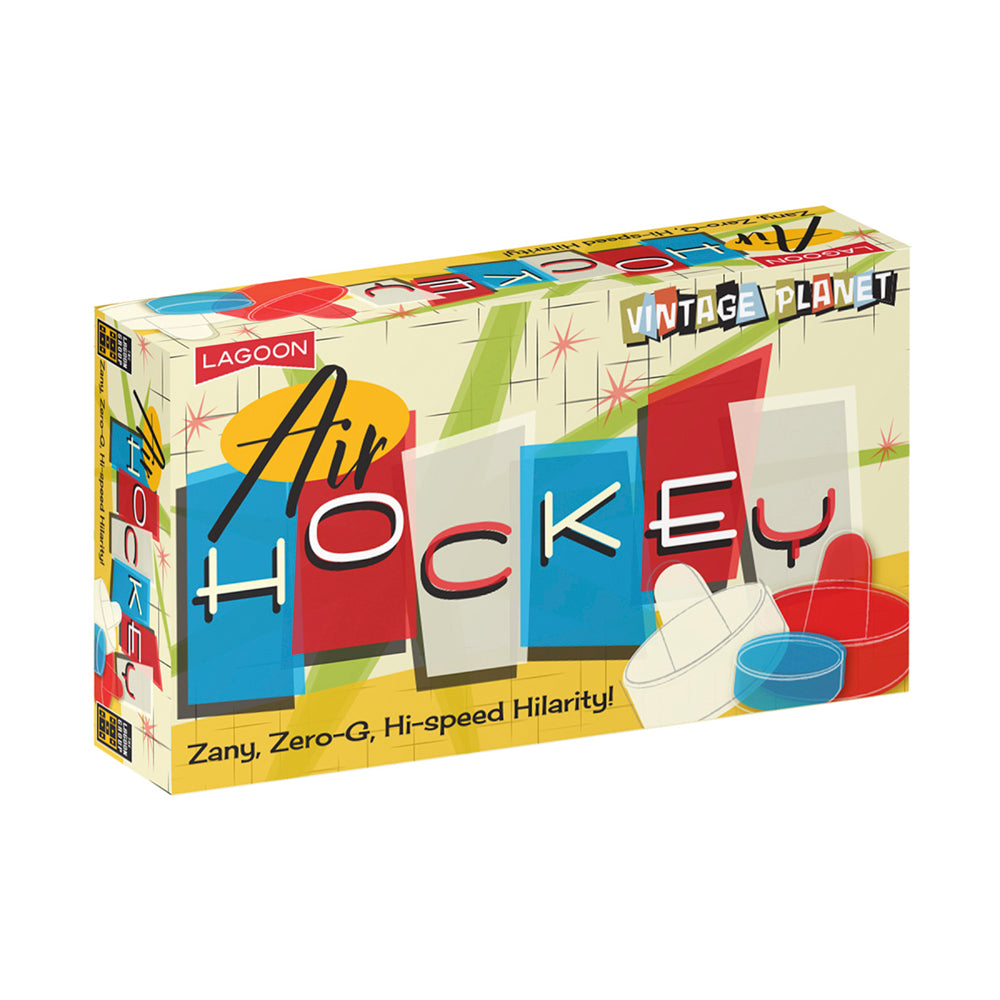 Lagoon Group Vintage Planet Air Hockey tabletop game box with retro 1950s-style graphics, colorful geometric design, and red and blue air hockey elements on cre