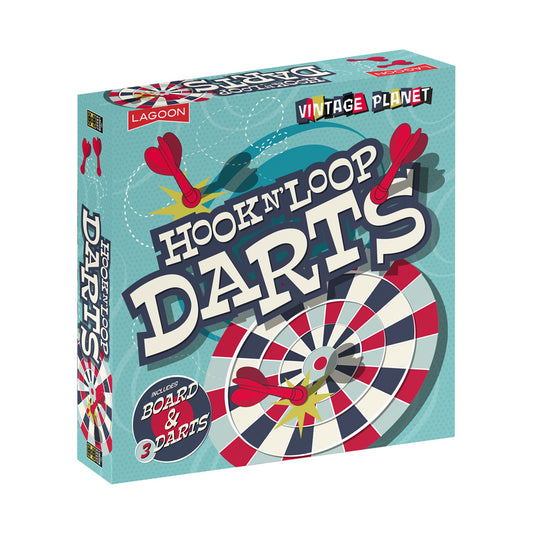 Vintage Planet Hook N' Loop Dartboard Game box featuring turquoise packaging with red and navy dartboard design and red darts