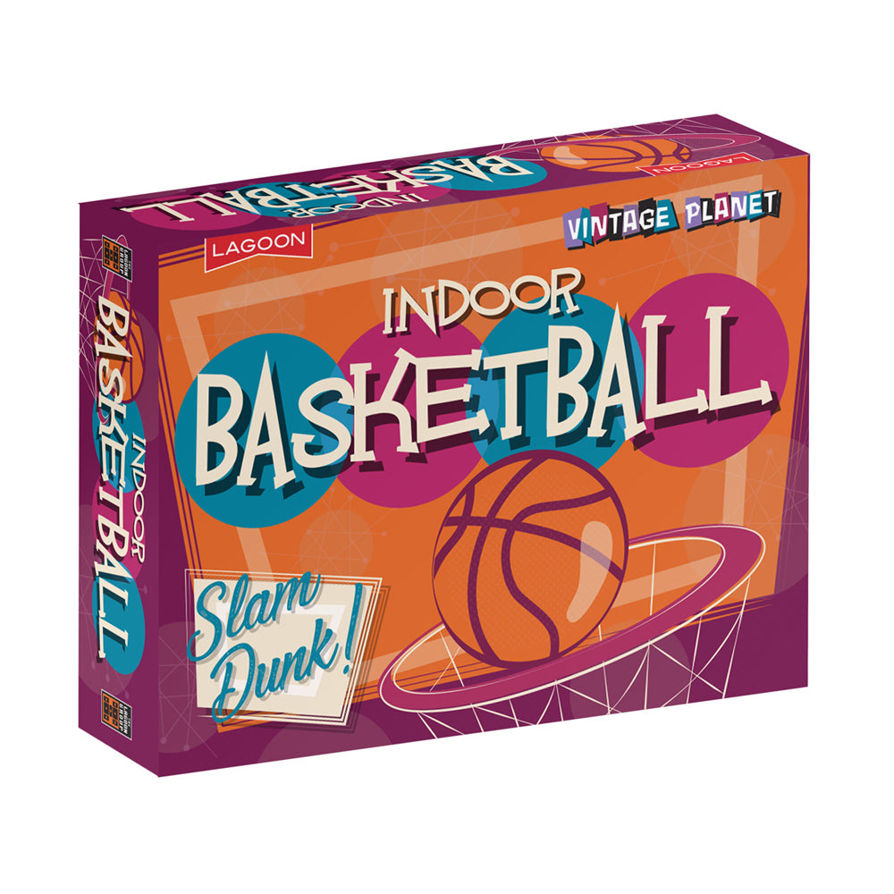 Vintage Planet Indoor Basketball Set box featuring retro-style graphics with orange, purple, and teal colors, basketball illustration, and 'Slam Dunk!' text on