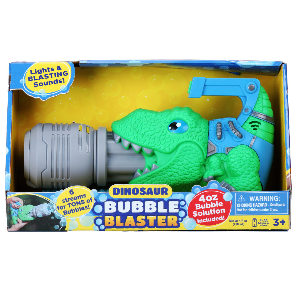 Green dinosaur-shaped bubble blaster with blue accents, gray motor attachment, and lights and sounds features, shown in packaging with 4oz bubble solution inclu
