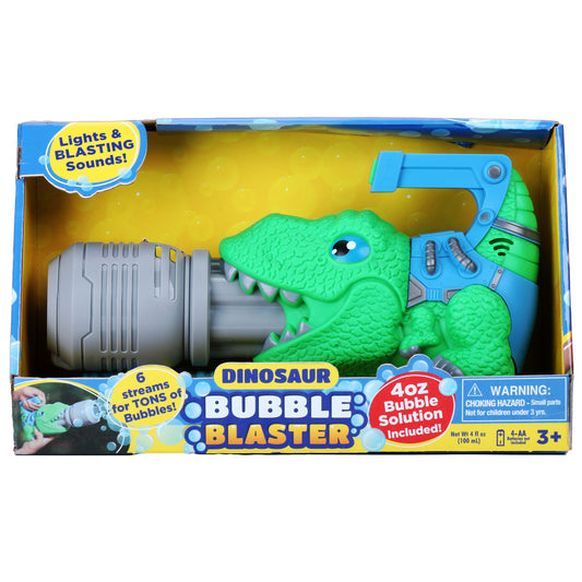 Green dinosaur-shaped bubble blaster with blue accents, gray motor attachment, and lights and sounds features, shown in packaging with 4oz bubble solution inclu