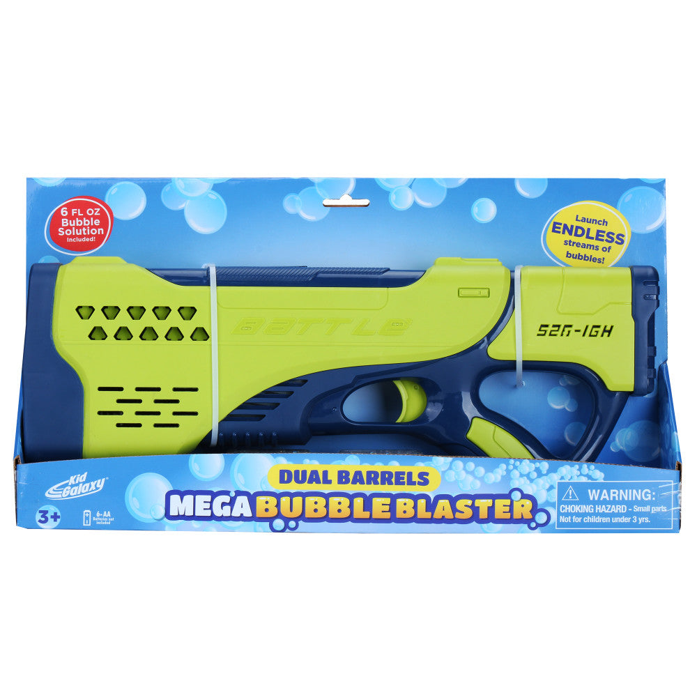 Kid Galaxy Dual Barrels Mega Bubble Blaster with lime green and navy plastic body in retail packaging, includes 6 fl oz bubble solution