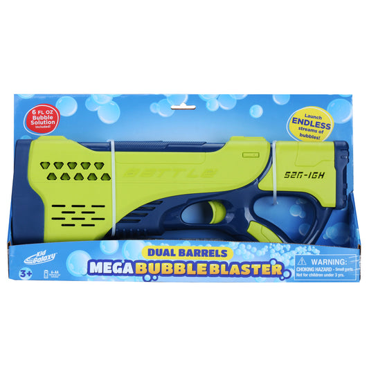 Kid Galaxy Dual Barrels Mega Bubble Blaster with lime green and navy plastic body in retail packaging, includes 6 fl oz bubble solution