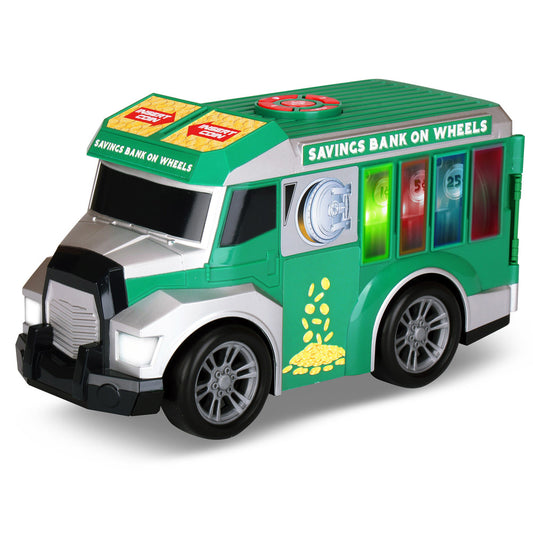 Green and white toy savings bank truck with coin slot, interactive sorting features, and rolling wheels