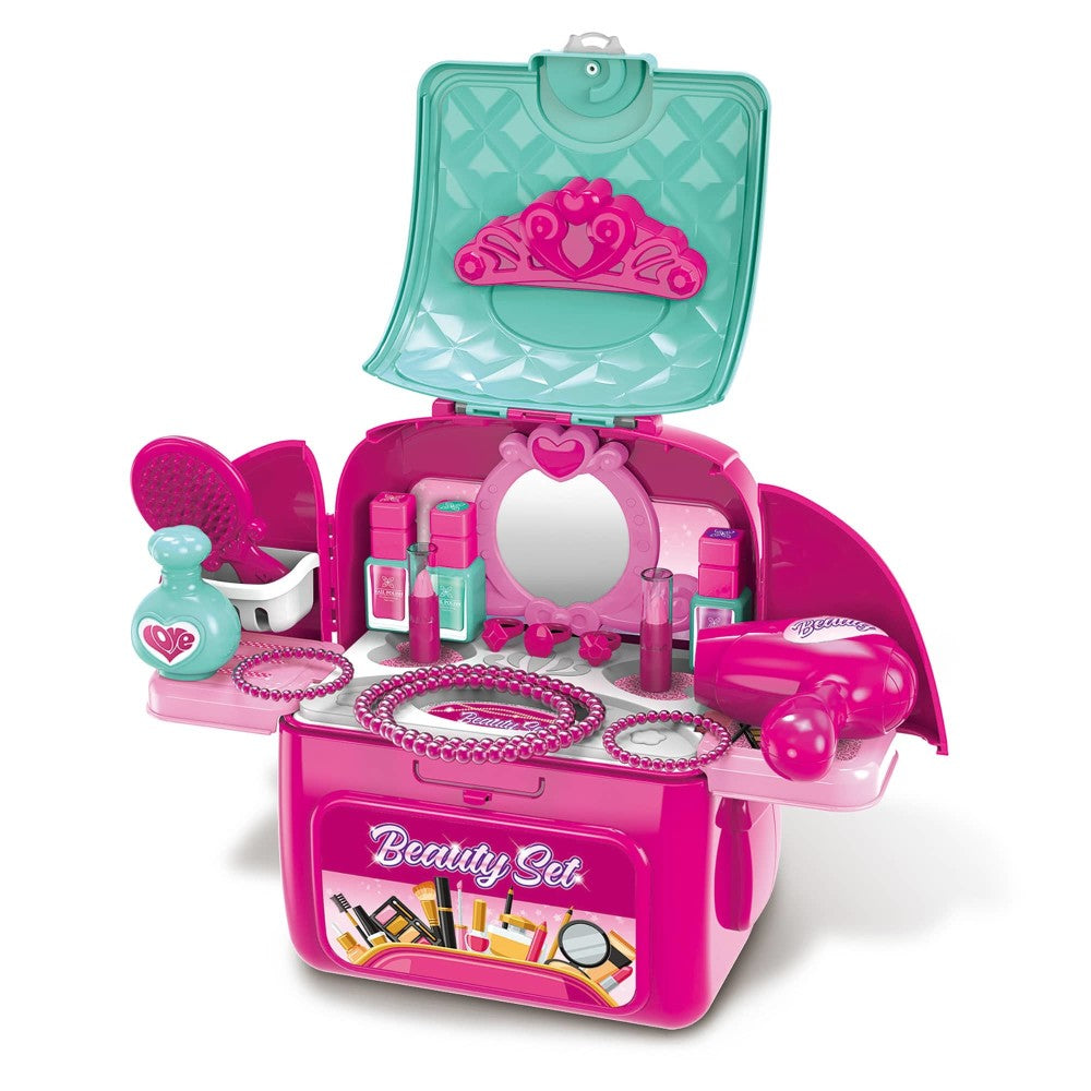 Pink and turquoise pretend play vanity backpack with tiara, mirror, jewelry, makeup accessories, and hair brush included