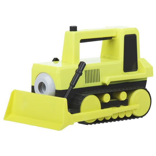 Bright yellow and black toy construction front end loader with white headlight, black window, exhaust pipe, and treaded tracks on plain background