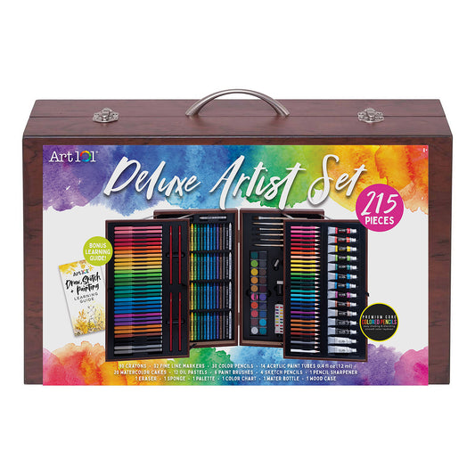 Art 101 Deluxe Wood Artist Set with 215 pieces including colored pencils, markers, crayons, watercolor cakes, acrylic paints, brushes, and accessories in an ope