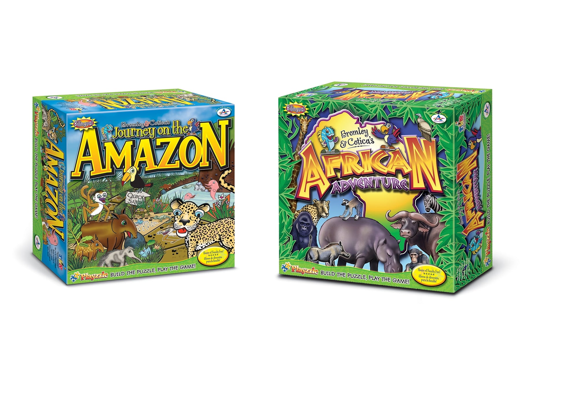 Two Talicor bilingual game boxes side by side: Journey on the Amazon on the left with jungle animals, and African Adventure on the right with African wildlife i