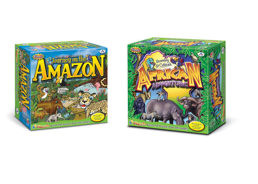 Two Talicor bilingual game boxes side by side: Journey on the Amazon on the left with jungle animals, and African Adventure on the right with African wildlife i