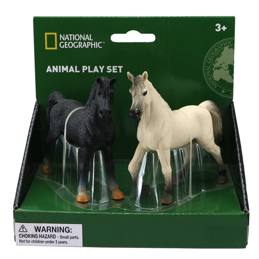 National Geographic Animal Play Set package with black and cream horse figurines in clear plastic dome cases on green background
