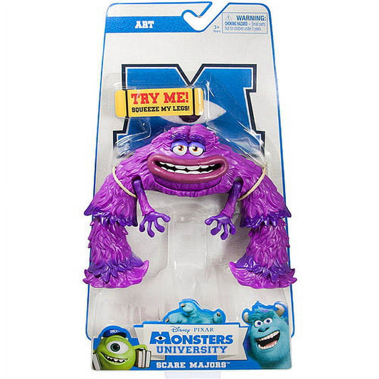 Purple fuzzy monster action figure with large grin and yellow eyes in package, labeled Scare Majors from Monsters University, with squeeze legs feature