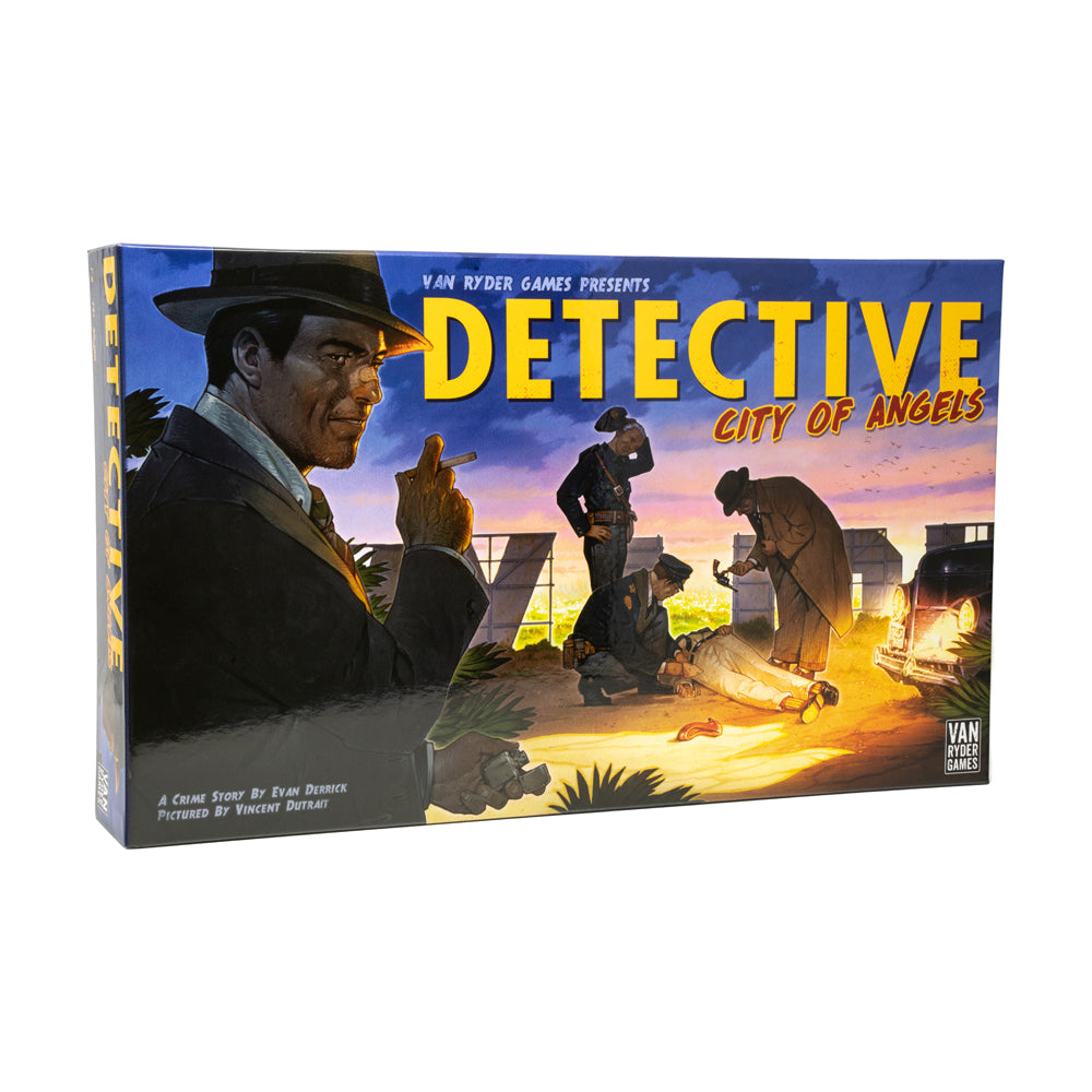 Detective: City of Angels board game box featuring noir-style illustration of a detective in fedora and hat on left, with crime scene investigators examining a