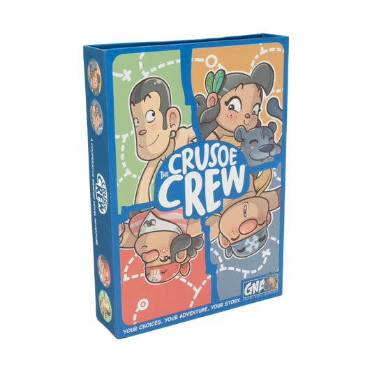 The Crusoe Crew board game box featuring cartoon characters and colorful panels with game icons, tagline reads "Your choices. Your adventure. Your story."