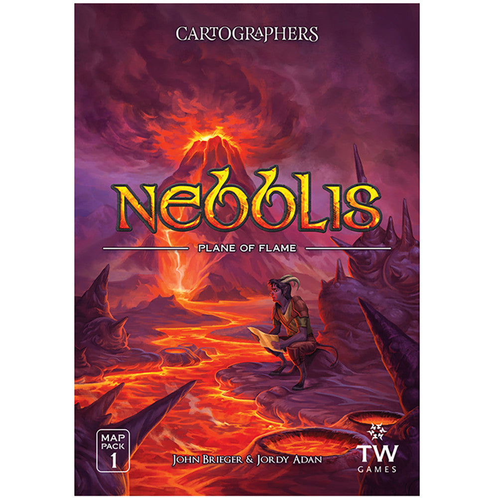 Cartographers Heroes Nebblis Plane of Flame board game box cover featuring volcanic landscape with lava flows and character figure