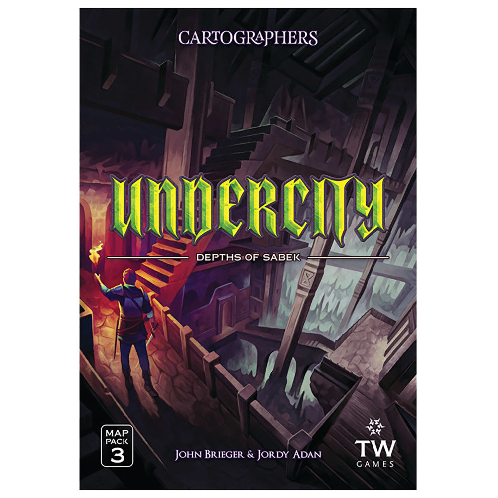 Cartographers Heroes: Undercity Depths of Sabek Map Pack 3 expansion game box cover featuring dark underground architecture and a figure with glowing staff