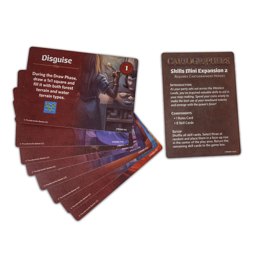 Cartographers Skills Mini Expansion 2 game cards fanned out, showing the Disguise card and rules card with brown fantasy-themed design