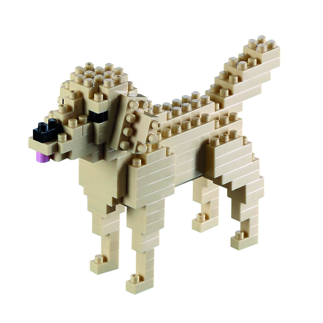 Tan and cream building blocks assembled into a golden retriever figure with black and purple accent pieces for facial features