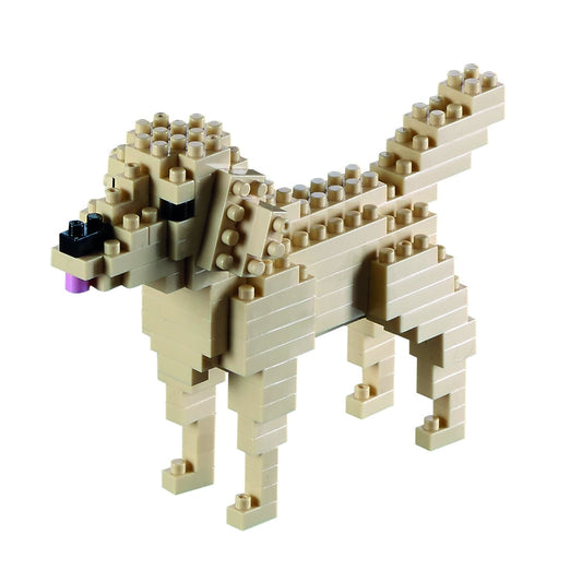 Tan and cream building blocks assembled into a golden retriever figure with black and purple accent pieces for facial features