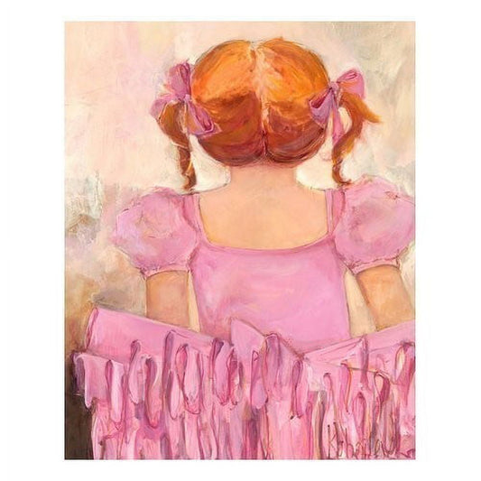 Back view of doll with orange-red hair in pink pigtails, wearing pink puff-sleeve dress with ruffled skirt, painted wall art style