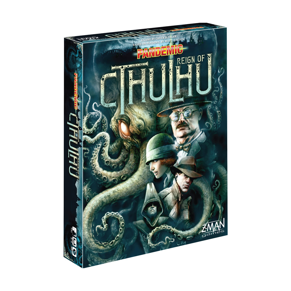 Pandemic: Reign of Cthulhu board game box featuring tentacled creature and four characters in vintage clothing and hats against dark teal background