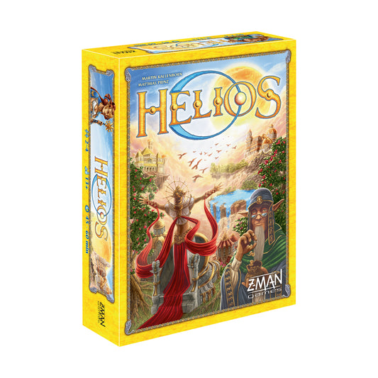 Helios board game box with bright yellow packaging featuring an ancient Greek-inspired scene with a figure in red robes, temples, and landscape imagery