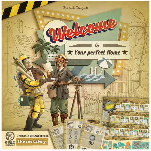 Welcome to Your Perfect Home Doomsday board game expansion box art featuring retro-style illustrated workers, blueprints, and game components on tan background