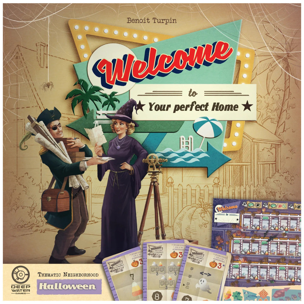 Welcome to Your perfect Home board game box art featuring vintage-style illustrated characters and retro signage with Halloween theme elements