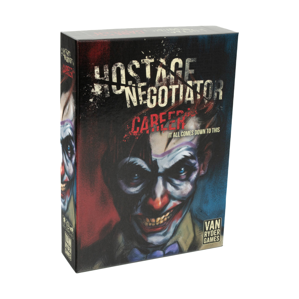 Hostage Negotiator: Career Expansion Pack board game box by Van Ryder Games, featuring dark artwork with a menacing clown face and red, blue, and black color sc