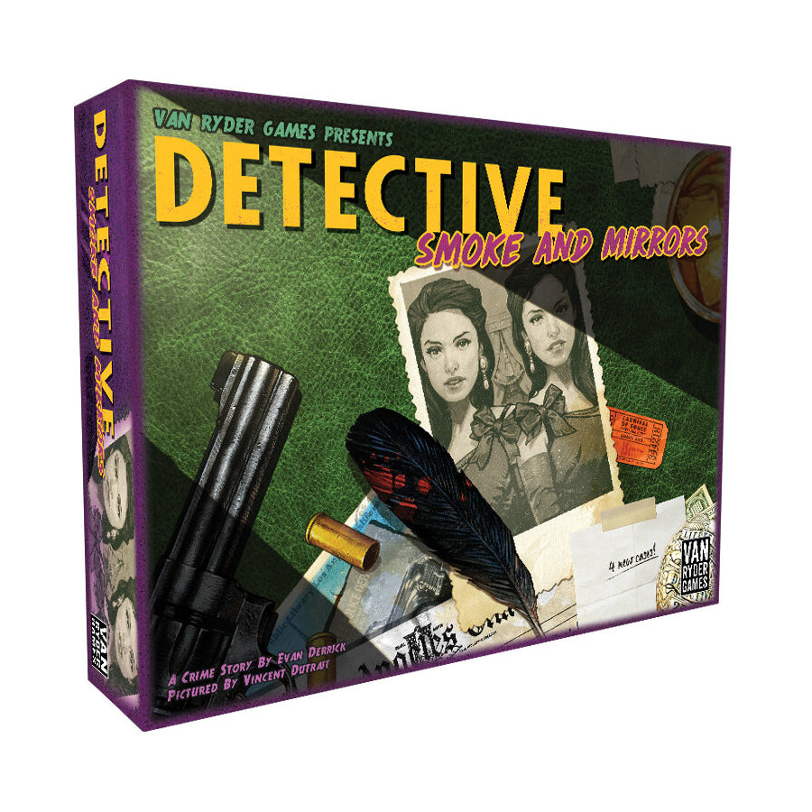 Detective: Smoke and Mirrors board game box with purple spine, featuring vintage noir-style imagery of two women and detective props including binoculars, feath