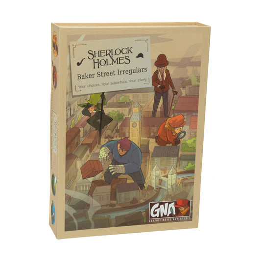 Sherlock Holmes Baker Street Irregulars board game box featuring illustrated characters on a London rooftop with Big Ben in background