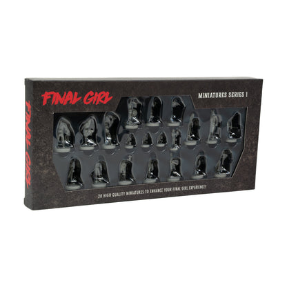 Final Girl Miniatures Series 1 box set with 20 metallic character figurines displayed in clear window packaging on dark gray box