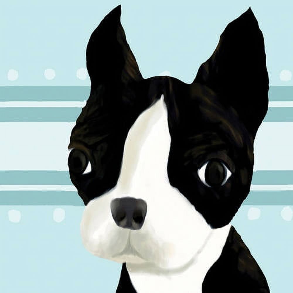 Illustration of a black and white Boston Terrier with pointed ears and large eyes against a light blue striped background with white dots