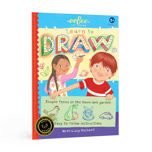 eeBoo Learn to Draw art book cover featuring two children drawing, with colorful patterned letters and simple illustrations of a bird, pear, teacup, and car