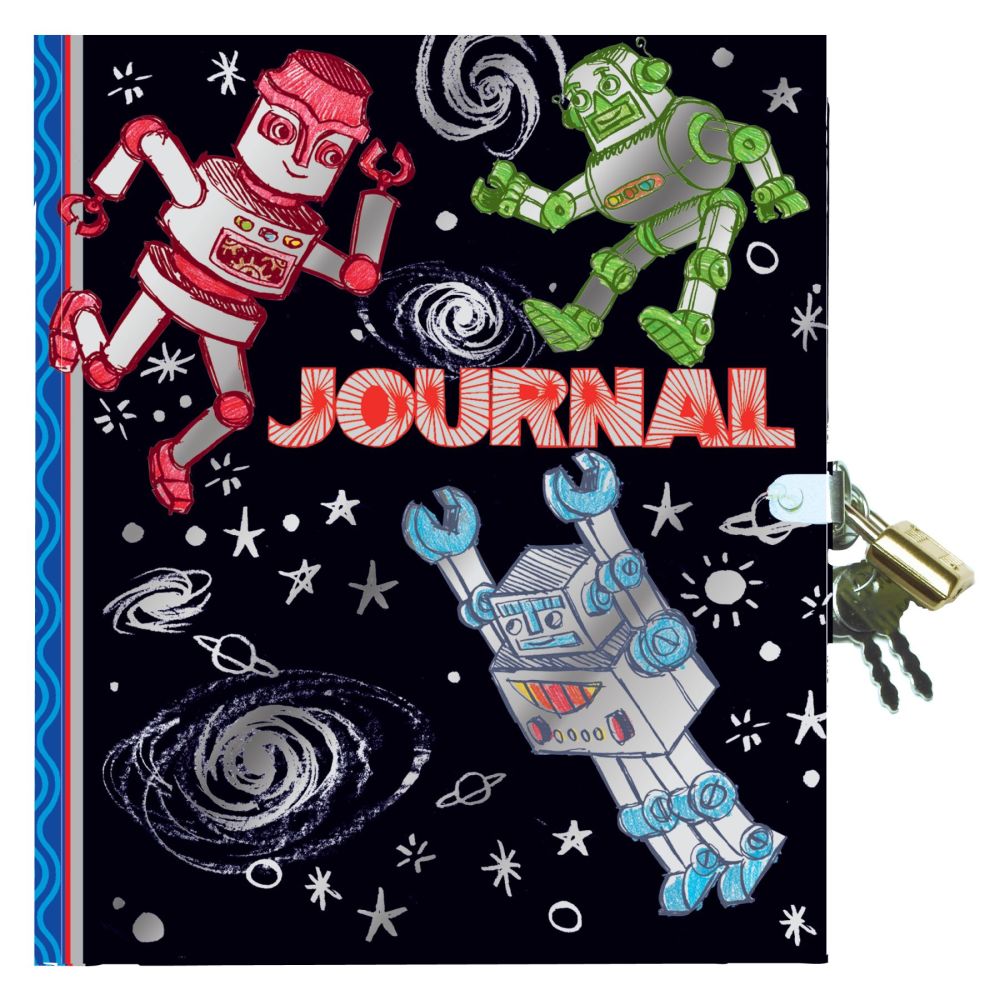 Silver Robots Collection sketchbook with colorful illustrated robots, planets, and stars on black cover, featuring lock and key closure