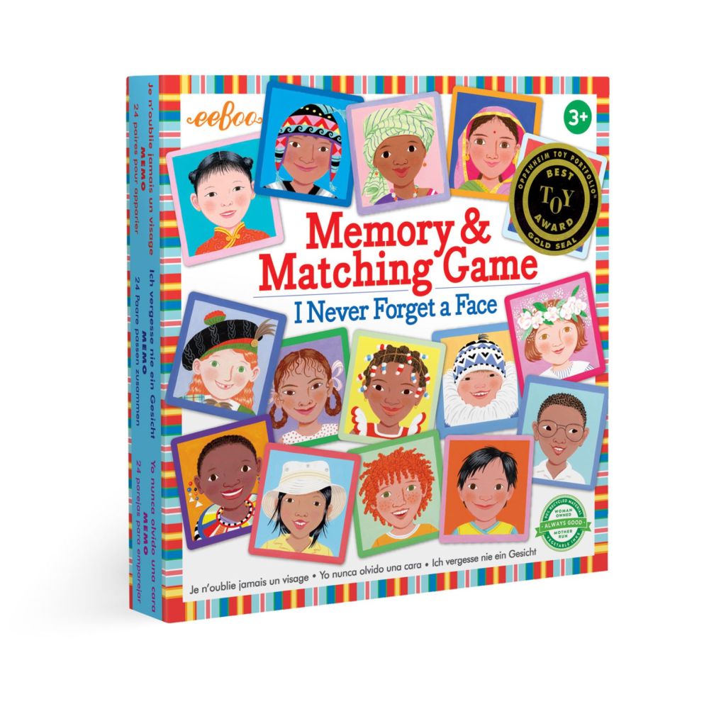 eeBoo I Never Forget a Face Memory and Matching Game box featuring illustrated diverse children's faces in colorful frames on a rainbow striped background, 3+ y
