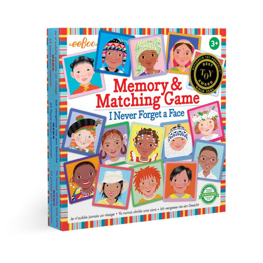 eeBoo I Never Forget a Face Memory and Matching Game box featuring illustrated diverse children's faces in colorful frames on a rainbow striped background, 3+ y