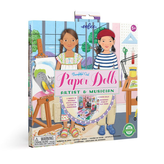 eeBoo Thoughtful Girl Paper Dolls Artist & Musician set packaging showing two illustrated paper dolls with reusable static cling clothes and accessories, ages 5