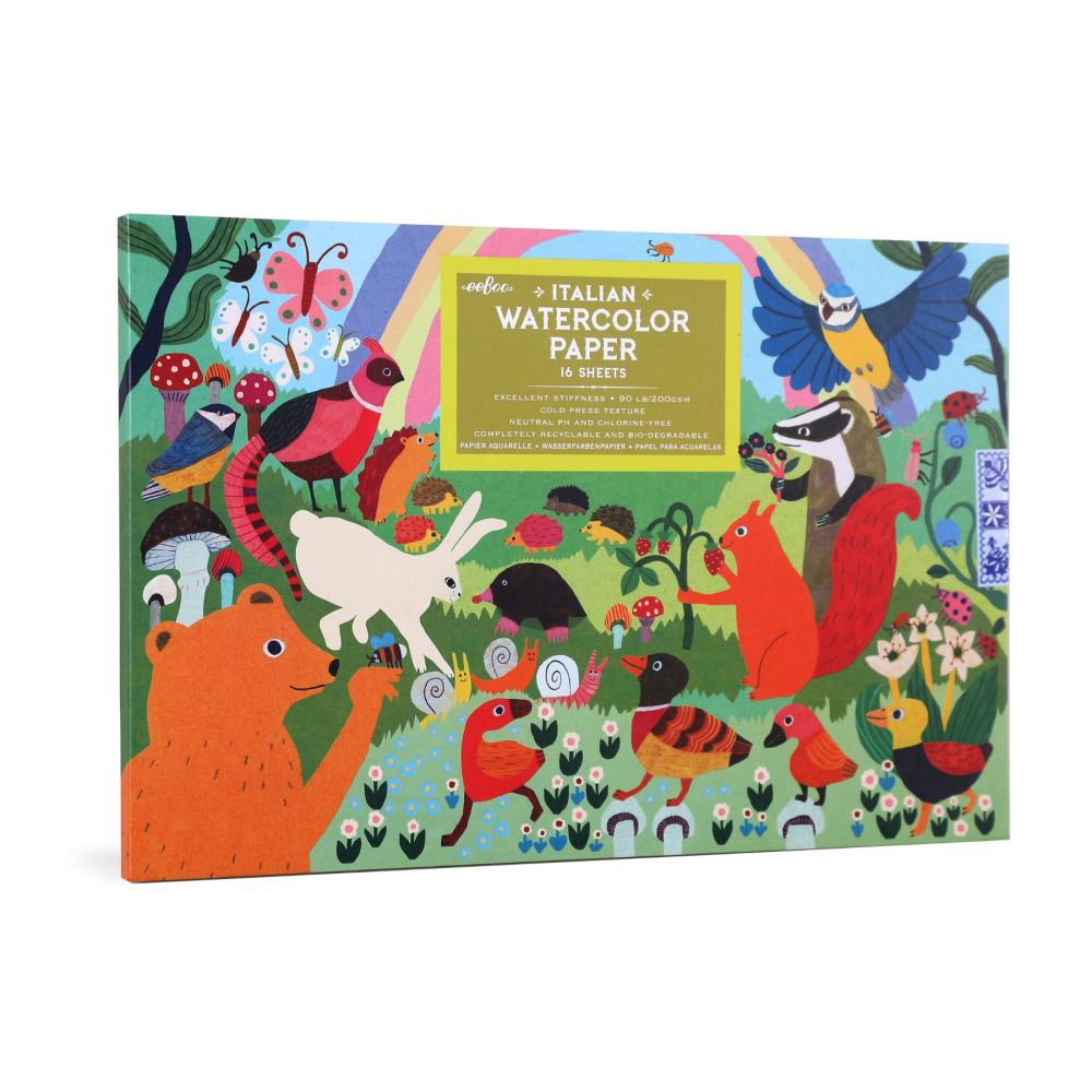 eeBoo Italian Watercolor Paper pad box with colorful woodland illustration featuring animals, birds, flowers, and plants on green background
