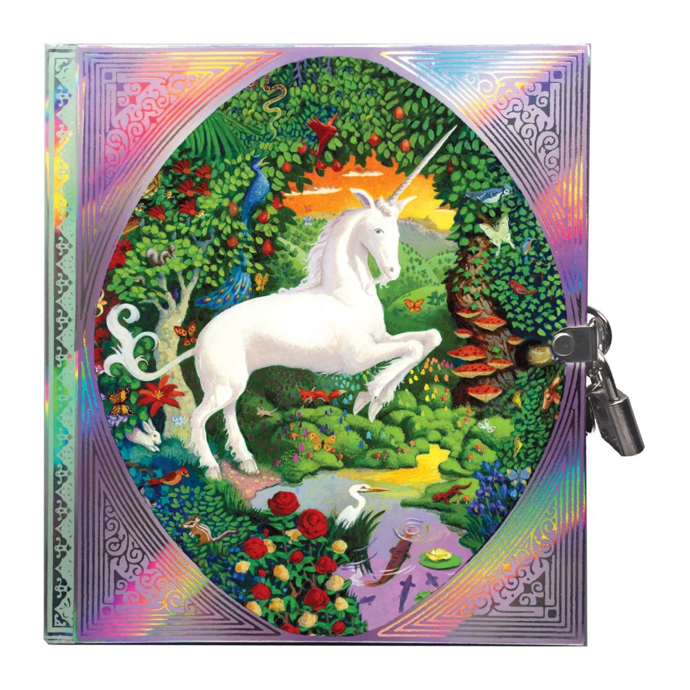 Hardcover journal with iridescent purple border and lock, featuring illustration of white unicorn in magical garden with flowering vines, birds, and colorful pl