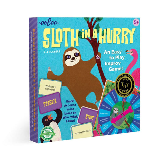 eeBoo Sloth in a Hurry board game box featuring a brown sloth character on turquoise background, for 2-4 players ages 5+