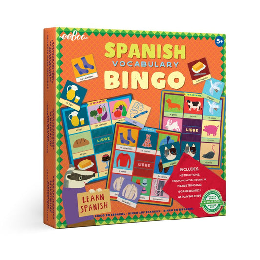 Spanish Vocabulary Bingo game box featuring colorful bingo cards with illustrated food, animals, clothing, and household items with Spanish labels, includes 6 g