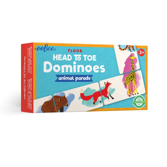 eeBoo Floor Head to Toe Dominoes Animal Parade game box showing colorful animal-themed dominoes tiles with a bear, dachshund, and giraffe, age 3+