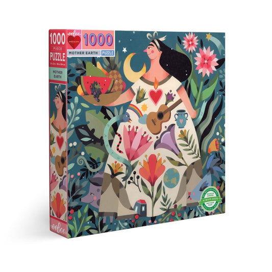 eeBoo Mother Earth 1000-piece jigsaw puzzle box featuring illustrated woman with flowing black hair, moon, heart, guitar, flowers, and botanical elements in jew