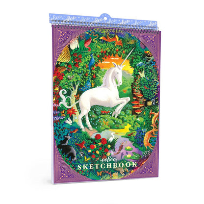 eeBoo Unicorn Collection sketchbook with white unicorn illustration in enchanted garden surrounded by colorful flowers, foliage, birds, and magical creatures, p